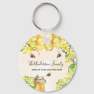 Bumble bees honey yellow florals family monogram key ring