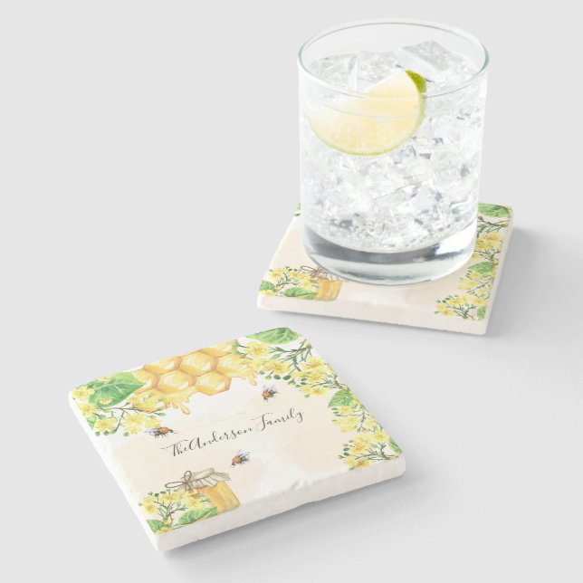 Bumble bees honey yellow florals family monogram stone coaster (Side)