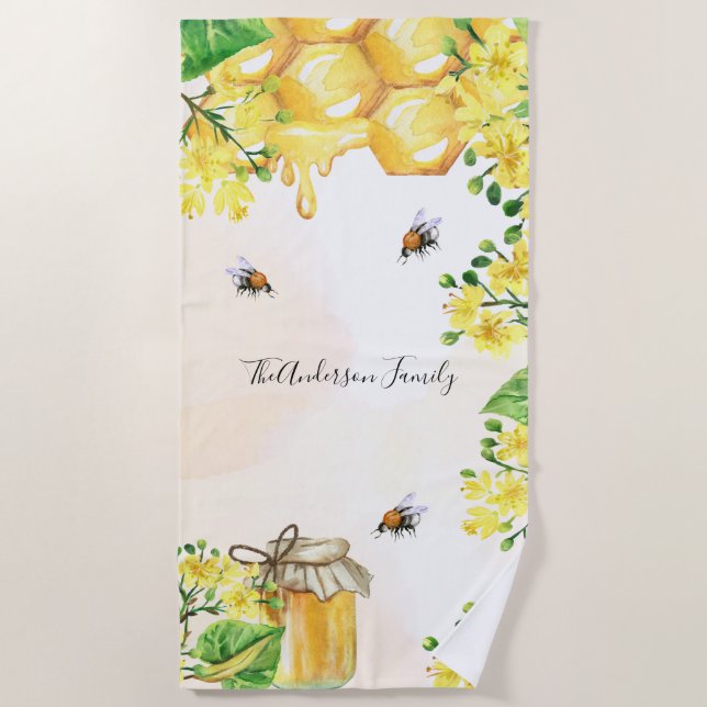 Bumble bees honey yellow florals monogram beach towel (Front)
