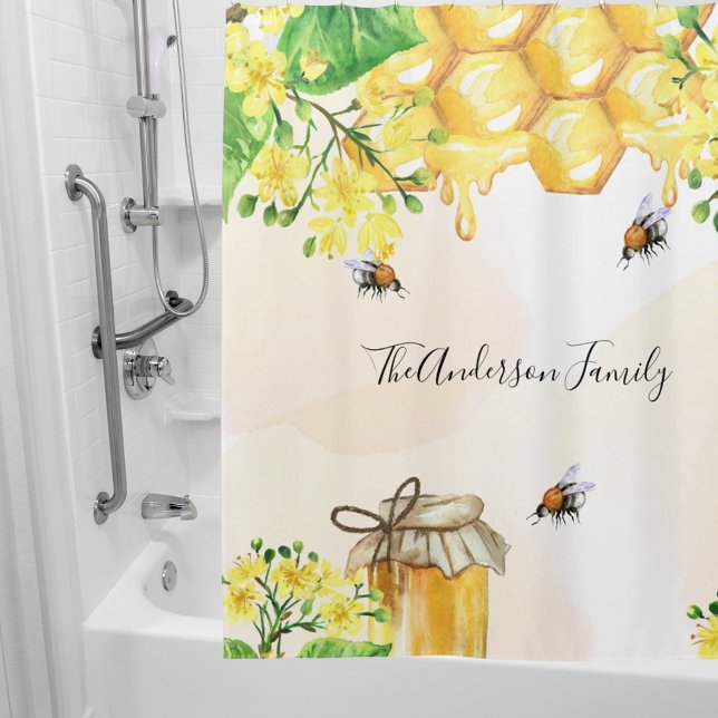 Bumble bees honey yellow florals monogram shower curtain (Creator Uploaded)
