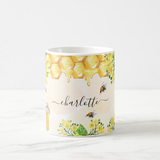 Bumble bees honey yellow florals name script coffee mug (Center)