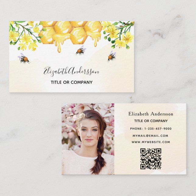 Bumble bees honey yellow photo qr code business card (Front/Back)