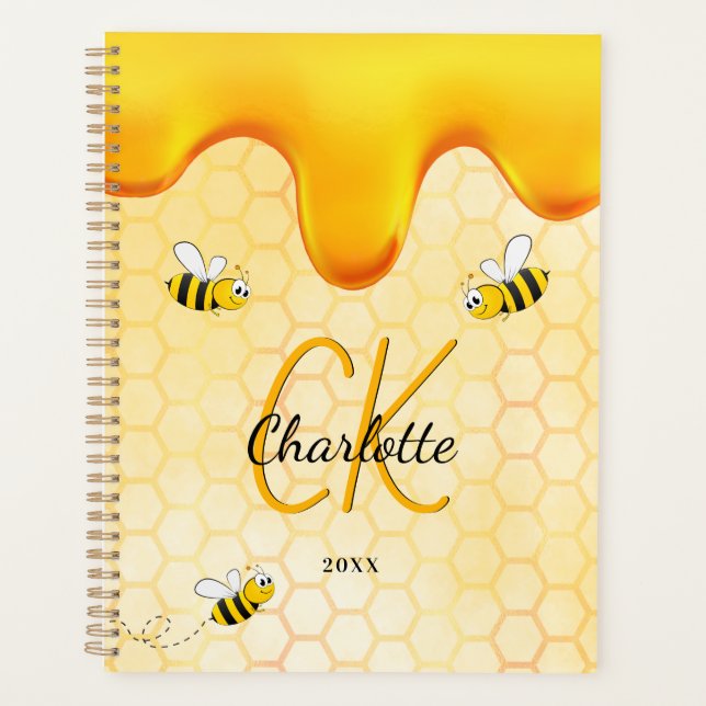 Bumble bees honeycomb honey dripping monogram 2023 planner (Front)