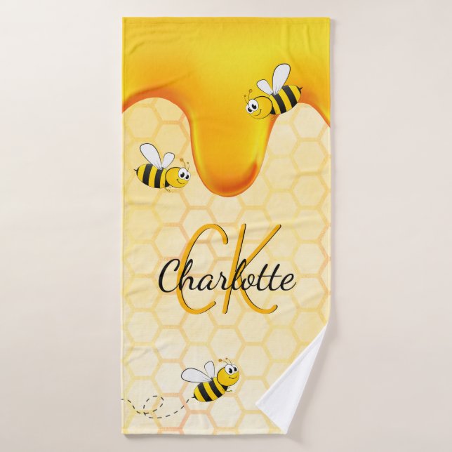 Bumble bees honeycomb honey dripping monogram bath towel (Bath Towel)