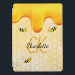 Bumble bees honeycomb honey dripping monogram iPad pro cover<br><div class="desc">Yellow,  white background with a bee honeycomb pattern and happy smiling bumble bees. Decorated with sweet,  golden honey dripping. Personalise and add your name and monogram initials,  golden and black letters.  The name is written with a hand lettered style script.</div>