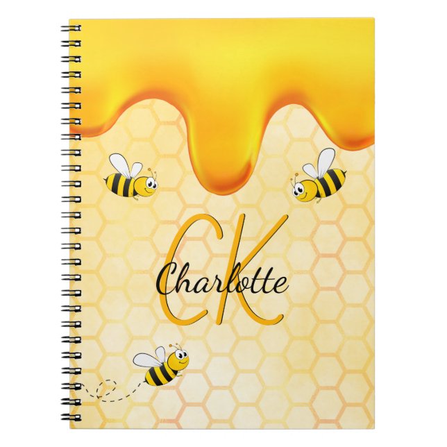 Bumble bees honeycomb honey dripping monogram notebook (Front)
