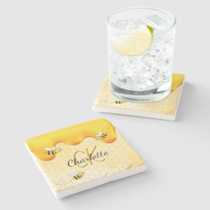 Bumble bees honeycomb honey dripping monogram stone coaster