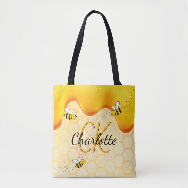 Bumble bees honeycomb honey dripping monogram tote bag (Front)