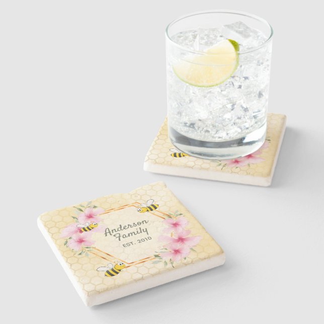 Bumble bees pink florals family name stone coaster (Side)