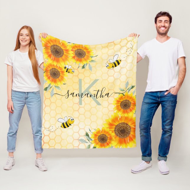 Bumble bees sunflowers yellow honeycomb monogram fleece blanket (In Situ)