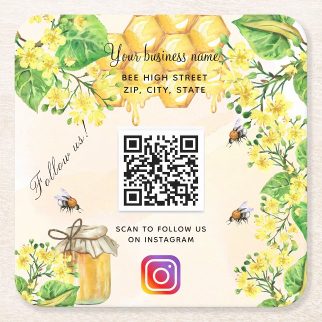 Bumble bees yellow floral business social media square paper coaster (Front)