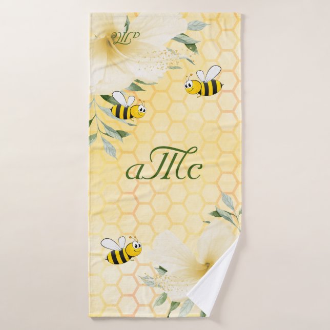 Bumble bees yellow honeycomb couple monogram bath towel (Bath Towel)