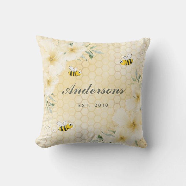 Bumble bees yellow honeycomb floral monogram cushion (Front)