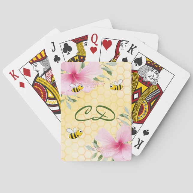 Bumble bees yellow honeycomb floral monogram playing cards (Back)