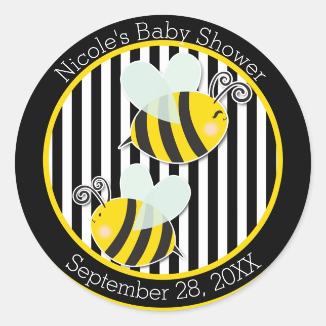 Bumble Black White Yellow Bee Theme Baby Shower Classic Round Sticker (Front)