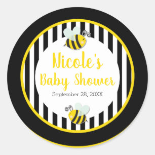 Bumble Black White Yellow Bee Theme Baby Shower Classic Round Sticker