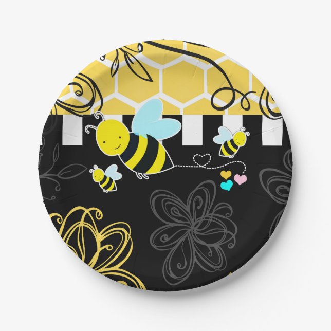 Bumblebee Black & Yellow Baby Shower Modern Chic Paper Plate (Front)