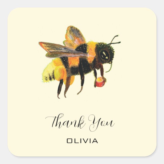 BumbleBee Carrying Pollen  - Thank You Custom Name Square Sticker (Front)