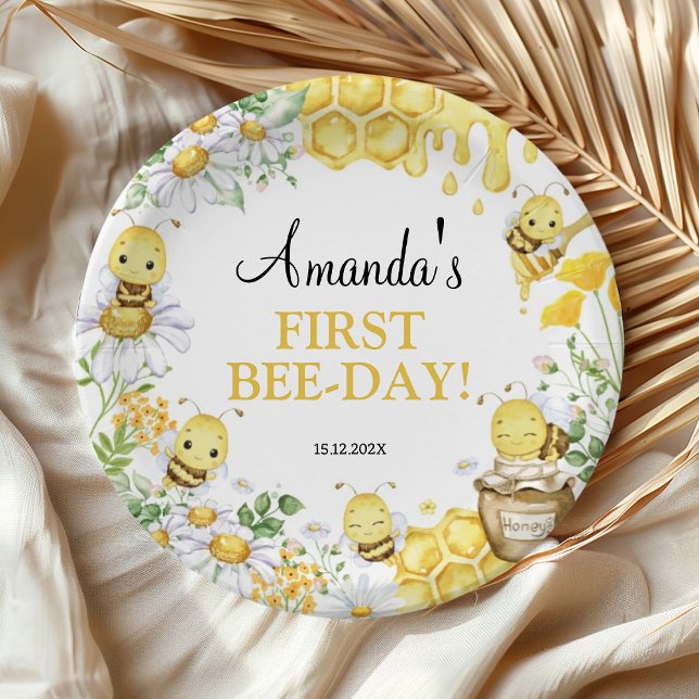 Bumblebee Floral First Bee Day Birthday Party Paper Plate (Creator Uploaded)