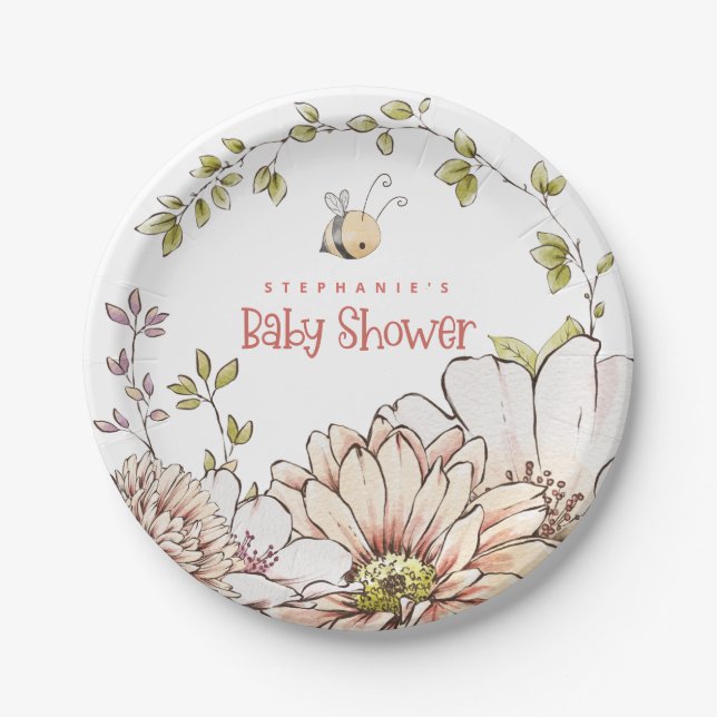 Bumblebee Florals Name Coral Text Baby Shower Paper Plate (Front)