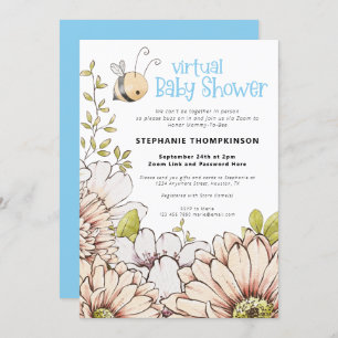 Bumblebee Florals Virtual Baby Blue Shower Invitation