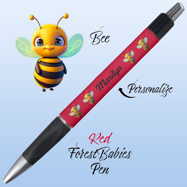 Bumblebee, Fun Kids Honey bee Cartoon Vibrant  Red (Cute Whimsical Bee Cartoon Graphic, Red Personalizable ForestBabies Pen 🐝)