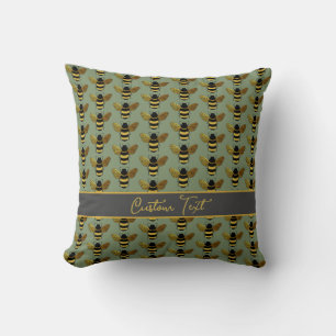 BUMBLEBEE GOLD BLACK BEE REPEATING PATTERN GREEN CUSHION
