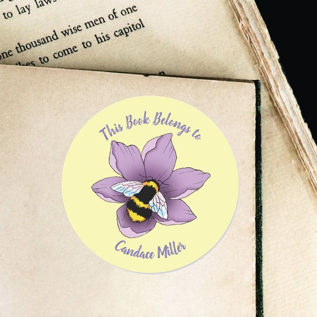 Bumblebee Lavender Flowers Yellow Bookplate  Classic Round Sticker (Creator Uploaded)