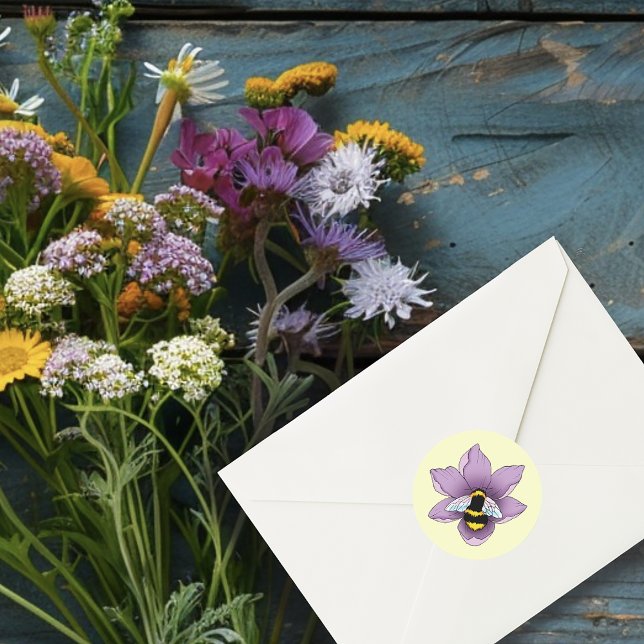 Bumblebee Lavender Flowers Yellow Classic Round Sticker (Creator Uploaded)