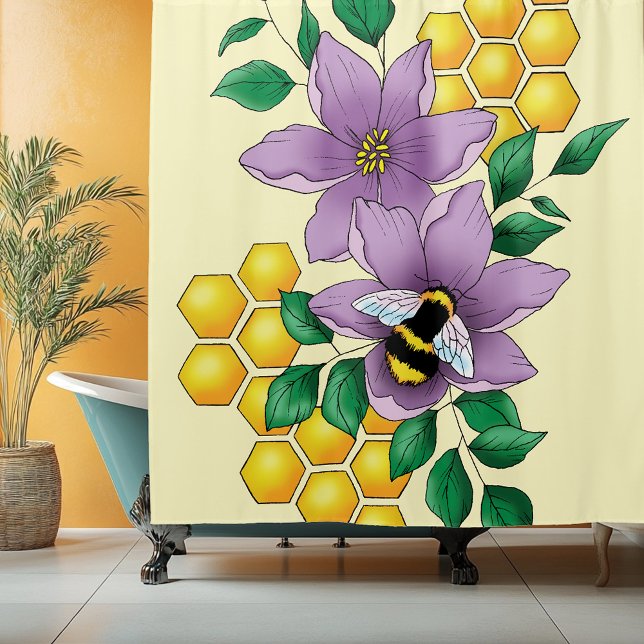 Bumblebee Lavender Flowers Yellow Shower Curtain (Creator Uploaded)