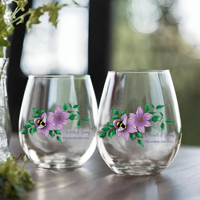 Bumblebee Lavender Flowers Yellow Stemless Wine Glass (Creator Uploaded)