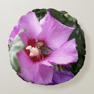 Bumblebee on Hibiscus Flower Round Cushion