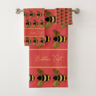 BUMBLEBEE PATTERN YELLOW GOLD BLACK BEE ON RED BATH TOWEL SET