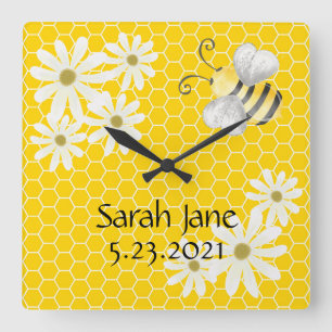 Bumblebee with Honeycomb and Daisies Signature Square Wall Clock