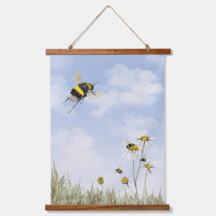 Bumblebees and Daisies Watercolor Painting Hanging Tapestry