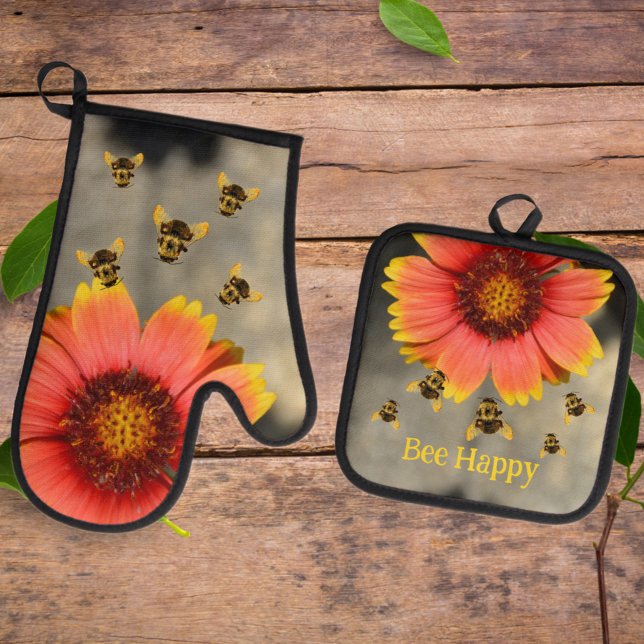 Bumblebees and Orange Gaillardia Sunflower Floral Oven Mitt & Pot Holder Set (Creator Uploaded)