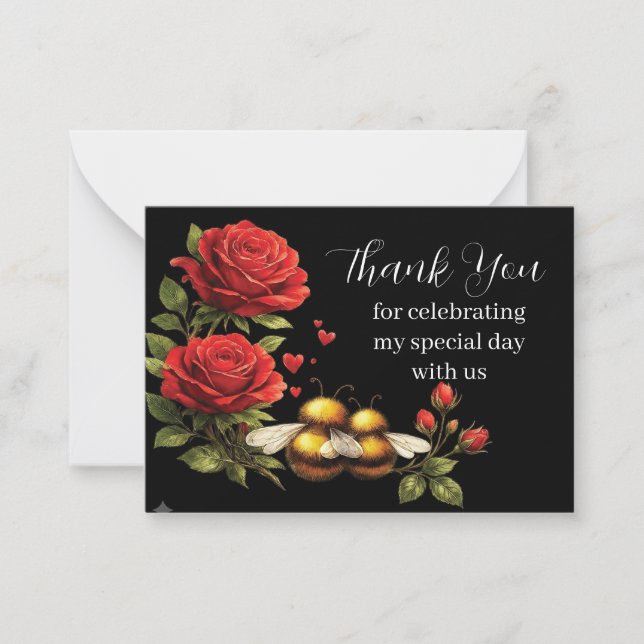 Bumblebees and Red Roses Thank You Card (Front)