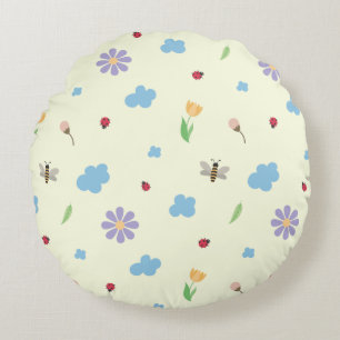 Bumblebees, Ladybugs & Wildflowers Pattern Round Cushion