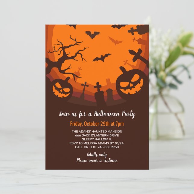 Bumkins Bats Graves Black Orange Halloween Party Invitation (Standing Front)