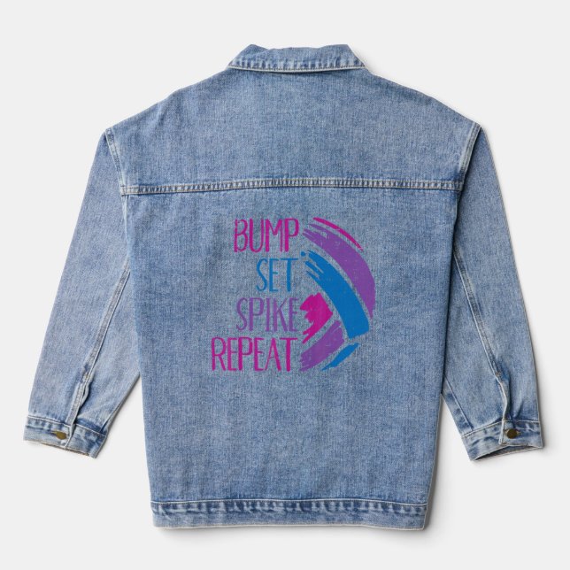 Bump Set Spike Repeat Volleyball Setter Spiker Men Denim Jacket (Back)