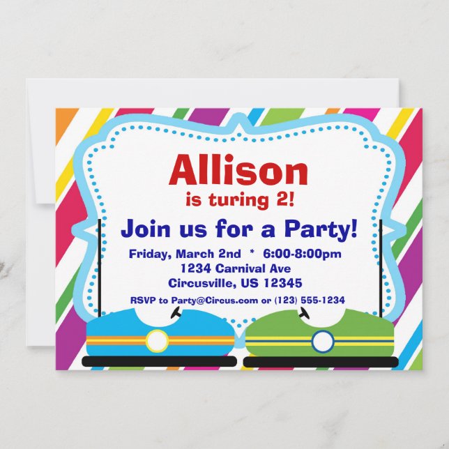 Bumper Cars, Carnival Circus Birthday Party Invitation (Front)