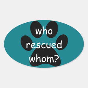 bumper sticker, who rescued whom oval sticker