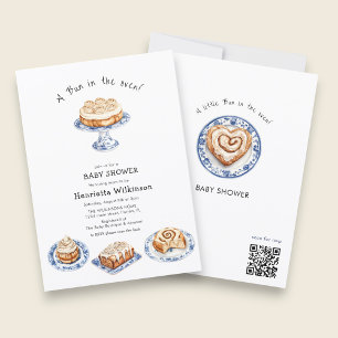 Bun in Oven Blue Floral Cake Baby Shower QR RSVP Invitation