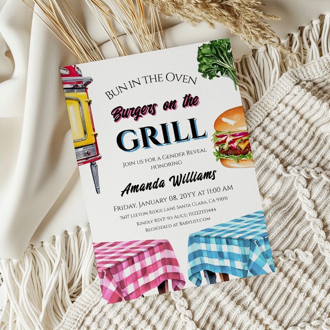 Bun in Oven Burger on Grill BBQ Gender Reveal Invitation (Creator Uploaded)