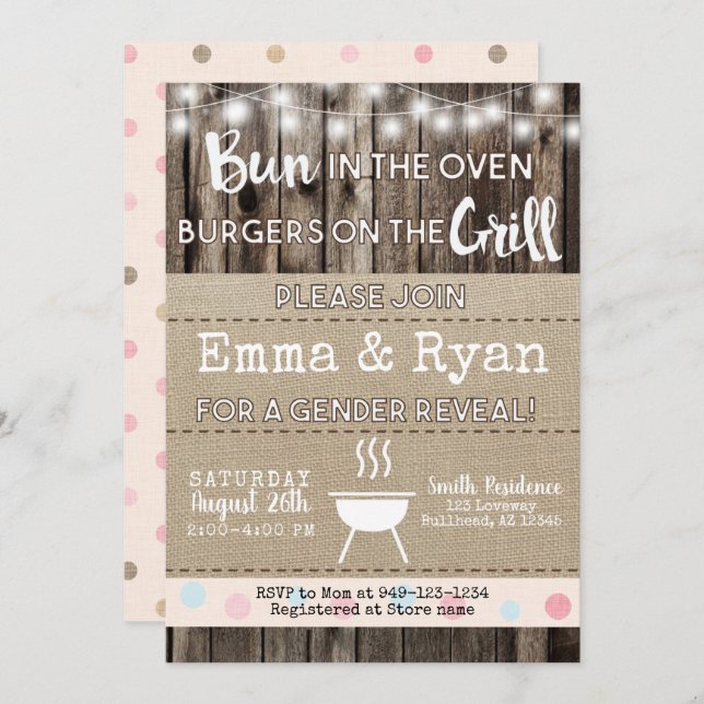 Bun in the Oven BBQ Burlap Wood  Gender Reveal Invitation (Front/Back)