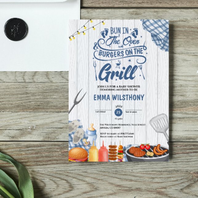 Bun in The Oven & Burgers Grill Baby Shower Boy Invitation (Bbq baby shower barbecue plaid blue picnic gender neutral country gingham boy summer party saying )