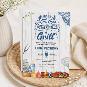 Bun in The Oven & Burgers Grill Baby Shower Boy Invitation