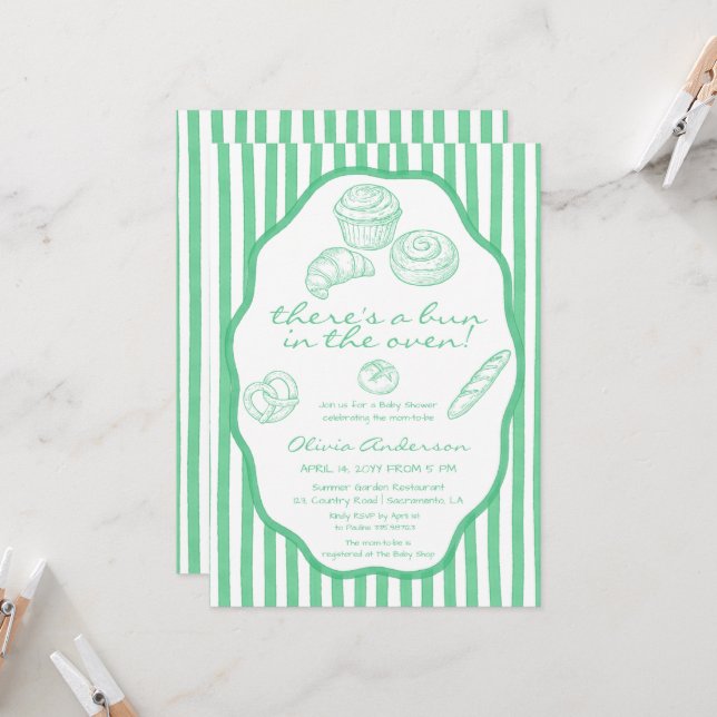 Bun in the oven green pinstripes Baby Shower Invitation (Front/Back In Situ)