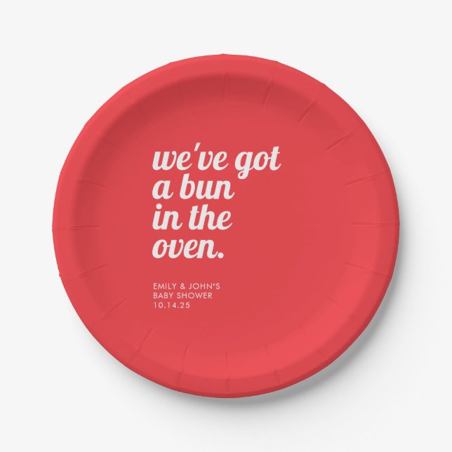 Bun In The Oven Modern Minimal Red Baby Shower Paper Plate (Front)