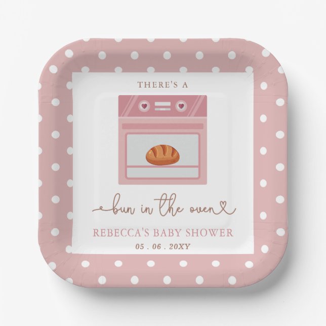 Bun In The Oven Pink Baby Girl Baby Shower Paper Plate (Front)
